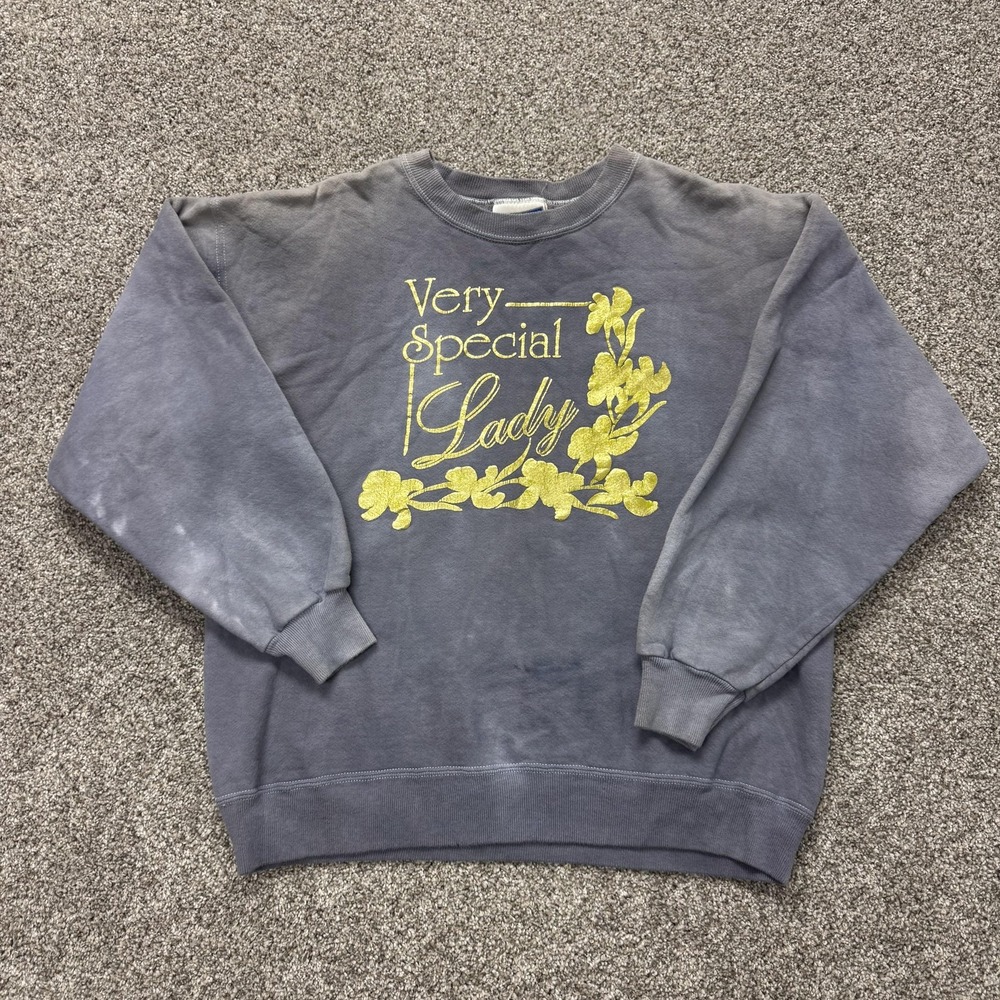 Vintage Hanes Shirt Womens L Gray Very Special Lady Floral Fleece Graphic Top